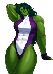 1girl abs absurdres arm_behind_head arm_up armpits breasts cleavage colored_skin fingerless_gloves gloves green_eyes green_hair green_skin highres large_breasts leotard long_hair looking_at_viewer marvel muscular muscular_female she-hulk simple_background smile solo sotcho superhero_costume thighs