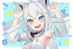 1girl :d ahoge animal_ears armpits arms_up blue_background blue_eyes blue_neckerchief blush breasts commentary_request detached_sleeves fox_ears fox_girl highres hololive long_hair looking_at_viewer low_ponytail medium_breasts neckerchief null_suke open_mouth ponytail shirakami_fubuki smile solo two-tone_background upper_body virtual_youtuber white_background white_hair