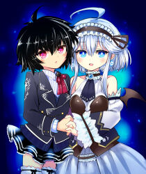 2girls ahoge ajitarou_(setsu) bare_shoulders black_hair blue_eyes dress earrings emil_chronicle_online frilled_dress frilled_sleeves frills handshake highres jewelry looking_at_viewer miniskirt mitama_aria multiple_girls open_mouth red_eyes school_uniform skirt white_hair