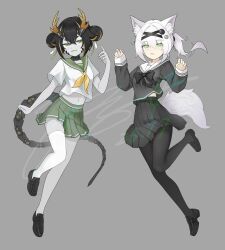 2girls absurdres animal_ear_fluff animal_ears black_bow black_bowtie black_hair black_pantyhose bow bowtie breasts bug double_bun fly flying green_eyes grey_background grey_hair hair_bun highres horns insect jerry_wang loafers long_hair midriff_peek multiple_girls navel neckerchief open_mouth original pantyhose pleated_skirt robot_girl sailor_collar school_uniform serafuku shirt_overhang shoes skindentation skirt small_breasts stomach tail thighhighs white_hair white_thighhighs yellow_neckerchief zettai_ryouiki