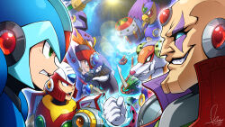 Rule 34 | 6+boys, absurdres, android, arm cannon, armor, axl (mega man), beak, blonde hair, blue eyes, blue fire, brown hair, chameleon, clenched teeth, dasoin, facial mark, fiery horns, fire, flame stag, forehead jewel, green eyes, gun, helmet, highres, holding, holding gun, holding weapon, horns, long hair, mechanical wings, mega man (series), mega man x (series), multiple boys, scar, scar on face, sigma (mega man), signature, smirk, spiked hair, sting chameleon (mega man), storm eagle (mega man), teeth, vile (mega man), weapon, wings, x (mega man), zero (mega man)