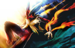 1boy abstract_background aotsuki blaziken blue_eyes claws closed_mouth commentary_request creatures_(company) fire foot_out_of_frame furry furry_male game_freak gen_3_pokemon male_focus mega_blaziken mega_pokemon nintendo nostrils pokemon pokemon_(creature) solo