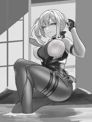 1girl belt breasts evelyn_chevalier gloves hair_bun highres large_breasts looking_at_viewer necktie romeboom self-upload shirt sleeveless sleeveless_shirt solo unfinished zenless_zone_zero zipper zipper_pull_tab