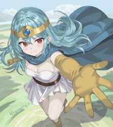 1girl belt blue_cape blue_gemstone blue_hair blue_sky boots breasts brown_belt cape circlet cleavage clenched_hand cloud commentary_request day dragon_quest dragon_quest_iii dress elbow_gloves fire floating_clothes floating_hair from_above gem gloves gold_circlet grass knee_up long_hair looking_to_the_side medium_breasts meno_forte open_hand outdoors reaching reaching_towards_viewer red_eyes sage_(dq3) sky smile solo strapless strapless_dress white_dress yellow_boots yellow_gloves