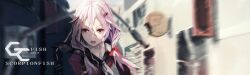 1girl 2013 artist_name blurry blurry_background collarbone copyright_logo guilty_crown hair_between_eyes hair_ornament hair_tubes hairclip highres long_hair looking_at_viewer open_mouth pink_hair red_eyes scorpionfish solo twintails upper_body yuzuriha_inori