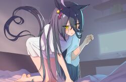 1girl ahoge all_fours animal_ears barefoot blush breasts desk dev_grater ear_bell ear_ornament embarrassed expressive_hair hair_between_eyes highres horse_ears horse_girl horse_tail long_hair long_hair_between_eyes looking_at_viewer lying manhattan_cafe_(umamusume) monitor multicolored_hair on_back parted_lips paw_pose ribbon shelf shirt short_sleeves solo t-shirt tail very_long_hair white_hair white_shirt yellow_ribbon