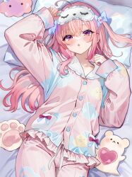 Rule 34 | 1girl, ahoge, animal ears, blush, breasts, commentary, hashtag-only commentary, highres, indie virtual youtuber, long hair, looking at viewer, lying, natsuna7, on back, open mouth, pajamas, pants, pink eyes, pink hair, pink pajamas, pink pants, pink shirt, shirt, sleep mask, solo, two side up, virtual youtuber, yuuki sakuna