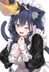 Rule 34 | 2girls, ;d, animal ear fluff, animal ears, apron, black dress, black gloves, blue eyes, blue hair, braid, breasts, cat ears, cat girl, dress, embroidery, fangs, fingerless gloves, frilled apron, frilled hat, frills, gigi murin, gigi murin (1st costume), gloves, hair intakes, hair over shoulder, hands up, hat, highres, hololive, hololive english, juliet sleeves, kemonomimi mode, large breasts, long hair, long sleeves, low twin braids, maid, maid apron, mob cap, mogu (au1127), multiple girls, nail polish, official alternate costume, official alternate hairstyle, one eye closed, open mouth, orange nails, ouro kronii, ouro kronii (maid), puffy sleeves, puritan collar, simple background, sleeve cuffs, smile, solo focus, twin braids, victorian maid, virtual youtuber, white apron, white background, white hat