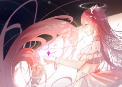 Rule 34 | 1girl, absurdly long hair, back bow, bow, chinese commentary, choker, closed mouth, commentary request, cowboy shot, diamond (gemstone), dress, eyelashes, floating hair, frilled dress, frilled gloves, frilled sleeves, frills, gem, gloves, hair between eyes, hair bow, halo, happy, jijing zishui, kaname madoka, light blush, light particles, long hair, looking at object, mahou shoujo madoka magica, mahou shoujo madoka magica (anime), object floating above hand, pink bow, pink choker, pink hair, pointy nose, purple gemstone, red ribbon, ribbon, short sleeves, smile, solo, space, sun, traditional halo, two side up, ultimate madoka, very long hair, white bow, white dress, white gloves, wrist ribbon, yellow eyes, yellow halo