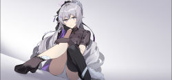 1girl absurdres artist_name black_gloves black_shoes bronya_zaychik bronya_zaychik_(heart_of_the_night) bronya_zaychik_(silverwing:_n-ex) commentary_request dated dress expressionless fled gloves grey_background grey_eyes grey_hair hair_between_eyes highres honkai_(series) honkai_impact_3rd long_hair looking_at_viewer shoes short_sleeves sidelocks single_thighhigh sitting solo thighhighs very_long_hair