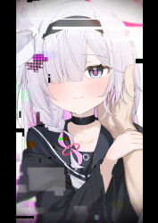 1girl 1other absurdres black_choker black_hairband black_jacket black_sailor_collar black_shirt blue_archive blush braid choker closed_mouth glitch grey_eyes hair_ribbon hairband hand_on_another&#039;s_face highres holding_another&#039;s_arm jacket neckerchief plana_(blue_archive) pov ribbon sailor_collar shirt single_braid smile upper_body wendao white_hair white_neckerchief white_ribbon