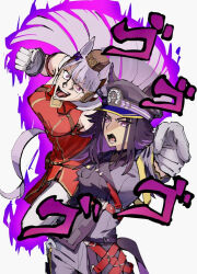 2girls animal_ears armband black_hair blunt_bangs blunt_ends bow bowtie brown_hat clenched_hand colored_inner_hair commentary dress ear_bow ears_through_headwear fenomeno_(umamusume) furrowed_brow gold_ship_(umamusume) grey_hair hat hat_ribbon headgear horse_ears horse_girl horseshoe_hat_ornament horseshoe_ornament jojo_no_kimyou_na_bouken jojo_pose kujo_jotaro&#039;s_pose_(jojo) long_hair menacing_(jojo) multicolored_hair multiple_girls pantyhose peaked_cap pillbox_hat pointing pointing_at_viewer purple_bow purple_eyes purple_hair purple_ribbon red_armband red_bow red_bowtie red_dress ribbon sidelocks sleeveless sleeveless_dress sound_effect stand_(jojo) stardust_crusaders thick_eyebrows umamusume usujio white_background white_pantyhose