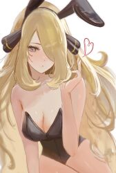 1girl alternate_costume animal_ears bare_shoulders black_leotard blonde_hair breasts cleavage cynthia_(pokemon) fake_animal_ears grey_eyes hair_ornament hair_over_one_eye hand_up heart highres large_breasts leotard looking_at_viewer nintendo playboy_bunny pokemon pokemon_dppt rabbit_ears ringosan2329 solo strapless strapless_leotard white_background