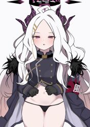 1girl absurdres ahoge black_coat black_gloves black_halo blue_archive blush coat coat_on_shoulders demon_girl demon_horns demon_wings gloves halo highres hina_(blue_archive) horns kumano_foo long_hair looking_at_viewer navel panties pubic_hair purple_eyes side-tie_panties simple_background solo sparse_pubic_hair standing underwear white_background white_hair wings