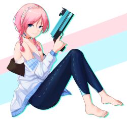 1girl aqua_background arknights barefoot blue_eyes blue_pants blue_poison_(arknights) braid choker closed_mouth collarbone commentary_request feet from_side full_body gun hairband highres holding holding_gun holding_weapon hui_yu jacket knees_up long_hair long_sleeves looking_at_viewer off_shoulder open_clothes open_jacket orange_choker pants parted_bangs patterned_clothing pink_background pink_hair sitting smile solo spaghetti_strap tank_top three-toned_background toenails toes twin_braids twintails weapon white_background white_jacket white_tank_top