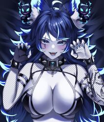 1girl absurdres ahoge animal_ears black_bra black_collar black_gloves blue_hair blue_nails bra breasts cleavage collar dog_ears dog_girl face_piercing fang fingerless_gloves fishnet_top fishnets gloves highres indie_virtual_youtuber large_breasts lip_piercing long_hair looking_at_viewer lying multicolored_hair on_back open_mouth piercing second-party_source single_glove spiked_collar spikes spite_(vtuber) streaked_hair underwear virtual_youtuber wann!