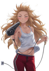 1girl bare_shoulders blonde_hair blush breasts cleavage closed_eyes closed_mouth collarbone drying drying_hair fate/apocrypha fate_(series) hair_down hair_dryer highres long_hair medium_breasts mordred_(fate) mordred_(fate/apocrypha) navel sidelocks smile solo tonee