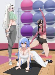 3girls azur_lane ball black_hair blue_eyes blue_hair breasts essex_(azur_lane) exercise_ball hair_ornament hand_on_floor highres horns large_breasts long_hair mainz_(azur_lane) medium_breasts multiple_girls oppaihobby pants ryuuhou_(azur_lane) short_shorts shorts sweat sweatdrop twintails white_hair yoga yoga_mat yoga_pants