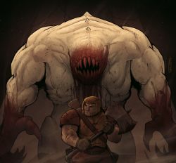 Rule 34 | 2boys, absurdres, armor, axe, battle axe, blood, blood from mouth, claws, commentary, cthulhu mythos, devilhs, double-sided axe, english commentary, gloves, helmet, highres, huge filesize, huge weapon, male focus, monster, multiple boys, muscular, muscular male, no eyes, pauldrons, quake (series), quake 1, ranger (quake), shambler, shoulder armor, size difference, space marine, weapon, weapon on back