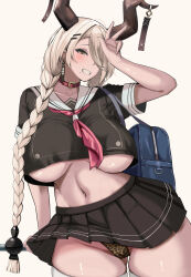 against_railing arm_up azur_lane bag black_serafuku black_skirt blonde_hair braid breasts brown_eyes collarbone commentary_request earrings fingernails gyaru_v hair_ornament hair_over_one_eye hairclip highres horns jewelry large_breasts large_horns long_hair midriff miniskirt mole mole_under_mouth navel neckerchief owari_(azur_lane) panties railing red_neckerchief school_bag school_uniform serafuku short_sleeves simple_background skindentation skirt standing thighhighs thighs twin_braids twintails underboob undersized_clothes underwear v valfer very_long_hair white_thighhighs wind wind_lift