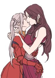 2girls armored_gloves bare_arms bare_shoulders blonde_hair breasts brown_hair closed_eyes commentary_request couple detached_collar dorothea_arnault dorothea_arnault_(timeskip) dress earrings edelgard_von_hresvelg edelgard_von_hresvelg_(timeskip) fire_emblem fire_emblem:_three_houses french_kiss from_side green_eyes hand_on_another&#039;s_ass hand_on_another&#039;s_waist hands_on_another&#039;s_neck hiramoto_(shir_gn_9) imminent_kiss jewelry juliet_sleeves kiss leaning_forward leaning_on_person long_hair long_sleeves looking_down medium_breasts multiple_girls nintendo parted_bangs puffy_sleeves red_dress side_ponytail simple_background sleeveless sleeveless_dress standing tongue tongue_out unusually_open_eyes wavy_hair white_background yuri