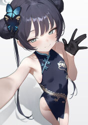 1girl absurdres armpits black_dress black_gloves black_hair blue_archive breasts china_dress chinese_clothes closed_mouth commentary_request double_bun dragon_print dress eco_376124 gloves grey_eyes grey_halo hair_bun halo highres kisaki_(blue_archive) looking_at_viewer pelvic_curtain selfie small_breasts solo twintails