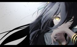 1girl absurdres black_hair ear_tag earrings floating_hair hair_between_eyes highres jewelry l_kirschblute long_bangs long_hair long_hair_between_eyes long_sleeves manhattan_cafe_(umamusume) necktie shirt single_earring solo umamusume very_long_hair white_shirt wiping_mouth yellow_eyes