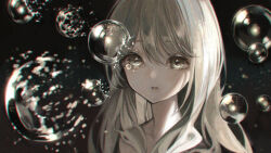 1girl black_background brown_eyes brown_hair bubble commentary_request hair_between_eyes highres long_hair looking_at_viewer marutani original parted_lips soap_bubbles solo tears upper_body