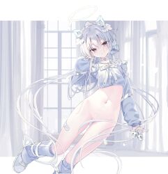 1girl :/ absurdres animal_ears arm_up bandaid_on_thigh bottomless cat_ears choker closed_mouth convenient_censoring fake_animal_ears grey_eyes hair_censor halo headset highres indoors inubouzaki_(i_nu1515) jewelry jumping leg_warmers light_frown long_hair long_sleeves looking_at_viewer navel necklace original pearl_necklace shirt shoes sneakers solo stomach very_long_hair white_choker white_hair white_halo white_leg_warmers white_shirt white_shoes white_theme