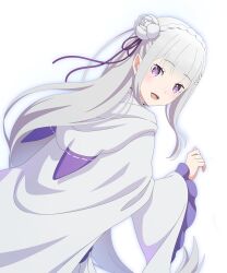 1girl :d animal_ear_hood blue_pupils blunt_bangs braid cloak crown_braid elf emilia_(re:zero) fake_animal_ears flower grey_hair hair_flower hair_ornament hair_ribbon highres hood hooded_cloak light_blush long_hair long_sleeves looking_at_viewer looking_back official_art open_mouth pointy_ears purple_eyes purple_ribbon re:zero_kara_hajimeru_isekai_seikatsu re:zero_kara_hajimeru_isekai_seikatsu_witch&#039;s_re:surrection ribbon sidelocks simple_background smile solo transparent_background white_cloak white_flower wide_sleeves
