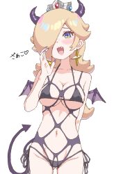 1girl arm_behind_back arm_up asymmetrical_bangs bikini black_bikini black_panties blonde_hair breasts collarbone commentary commentary_request crown demon_horns demon_tail demon_wings dot_nose earrings english_commentary fake_horns fake_tail fake_wings fang gluteal_fold groin hair_over_one_eye highres horns jewelry large_breasts long_hair mario_(series) mixed-language_commentary navel nintendo open_mouth panties parted_bangs rosalina simple_background smile solo standing swimsuit tail thong toggy_keiichi translation_request underwear white_background wings