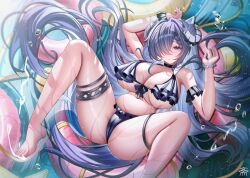 1girl arms_up august_von_parseval_(azur_lane) azur_lane black_hair black_horns bracelet breasts cleavage curled_horns hair_over_one_eye highres horns innertube jewelry large_breasts long_hair looking_at_viewer lying navel on_back one_eye_covered outdoors pink_innertube solo spread_legs stomach swim_ring tansuan_(ensj3875) thighlet thighs water