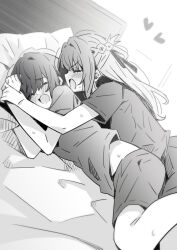 2girls bed closed_eyes commentary greyscale half_updo heart highres long_hair lwmina70119 lying midriff_peek miyagi_shiori monochrome multiple_girls on_bed open_mouth pillow sendai_hazuki shirt short_hair short_sleeves shorts shuuniichido_classmate_wo_kau_hanashi yuri
