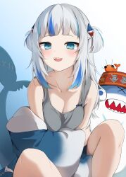 1girl absurdres bare_shoulders bloop_(gawr_gura) blue_background blue_eyes blue_hair blue_jacket blunt_bangs blush breasts cleavage clothes_down collarbone commentary ebi-chan_(gawr_gura) fins fish_tail gawr_gura gawr_gura_(1st_costume) gradient_background grey_tank_top hair_ornament highres hololive hololive_english hood hoodie jacket long_hair multicolored_hair myolu open_mouth shark_girl shark_hair_ornament shark_tail sharp_teeth simple_background sitting small_breasts smile solo streaked_hair tail tank_top teeth two-tone_background two-tone_hair unworn_hoodie virtual_youtuber white_background white_hair