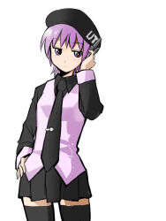 1girl beret collared_shirt commentary_request cowboy_shot eichi1219 hand_on_own_hip hand_up hat jitome long_sleeves looking_to_the_side necktie pleated_skirt purple_hair robot_ears shirt short_hair skirt solo thighhighs tie_clip utane_uta utau vest