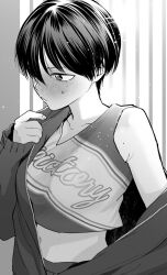 Rule 34 | 1girl, akira (takou no boyish kanojo), black hair, blush, breasts, clothes writing, collarbone, greyscale, highres, jacket, long sleeves, midriff, mmmo3, monochrome, non-web source, short hair, sweat, takou no boyish kanojo, upper body