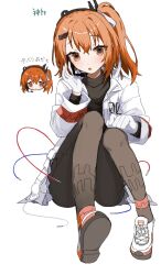 Rule 34 | 1girl, adachi rei, black shirt, bow, commentary request, gloves, grey pants, hair bow, hair ornament, hair ribbon, hairclip, headset, highres, jacket, oekaki, open mouth, orange eyes, orange hair, orange trim, paint chat (medium), pants, ribbon, shamomo, shirt, shoes, side ponytail, sitting, sneakers, solo, translated, utau, white background, white bow, white gloves, white jacket, white ribbon