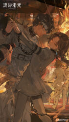 Rule 34 | 2boys, 2girls, absurdres, blindfold, bottle, brown hair, chain, closed eyes, copyright name, copyright notice, covered eyes, cuffs, dancing, facing another, feet out of frame, fire, hand on another&#039;s back, highres, holding hands, indoors, jacket, logo, long hair, multiple boys, multiple girls, official art, official wallpaper, pants, prisoner, reverse:1999, short hair, smile, waltz (dance), white blindfold, white jacket, white pants