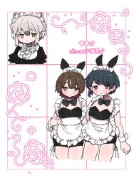 010mzam 1boy 2girls alternate_costume anteater_ears apron bare_shoulders black_bow black_bowtie black_dress black_hair blush bow bowtie brown_eyes brown_hair captain_(kemono_friends) cowboy_shot crossdressing detached_collar dress enmaided frilled_apron frills grey_bow grey_bowtie grey_hair hair_between_eyes highres kemono_friends kemono_friends_3 looking_at_viewer maid maid_apron maid_headdress multiple_girls multiple_persona plaid_bow plaid_bowtie plaid_clothes puffy_short_sleeves puffy_sleeves short_hair short_shorts short_sleeves shorts sidelocks sleeveless southern_tamandua_(kemono_friends) sweatdrop translation_request white_apron white_hair wrist_cuffs