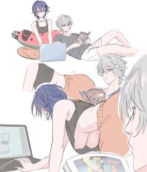 1boy 1girl bare_shoulders belle_(zenless_zone_zero) black_shirt blue_hair breasts brother_and_sister computer crop_top crop_top_overhang earrings gnarlypzofbread green_eyes grey_hair hair_between_eyes highres holding invincible_(character) invincible_(series) jewelry laptop large_breasts mark_grayson multiple_views necklace orange_shorts shirt short_hair shorts siblings simple_background sitting sleeveless stuffed_toy underboob white_background wise_(zenless_zone_zero) zenless_zone_zero