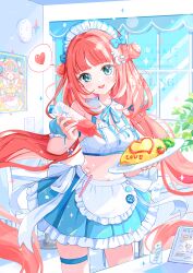 1girl alternate_costume blue_skirt bottle cafe chair clock covered_navel cowboy_shot crop_top desk food genshin_impact green_eyes heart highres holding holding_bottle ketchup ketchup_bottle long_hair looking_at_viewer maid maid_headdress menu_board nilou_(genshin_impact) omelet omurice open_mouth photo_(object) plate pleated_skirt red_hair skirt smile solo spoken_heart varesa_(genshin_impact) wall_clock watermark yutukicom
