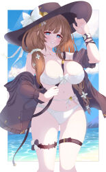 1girl absurdres bag beach bikini black_jacket blue_eyes blue_sky bracelet breasts brown_hair cloud cloudy_sky commentary cowboy_shot curvy flower granblue_fantasy hair_flower hair_ornament hat hat_flower highres huge_breasts jacket jewelry jjjjjj_(emgh7234) looking_at_viewer low_twintails ocean off-shoulder_jacket off_shoulder raziel_(granblue_fantasy) raziel_(summer)_(granblue_fantasy) sarong shoulder_bag sky smile solo sun_hat swimsuit thigh_strap twintails white_bikini white_sarong