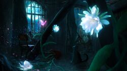 Rule 34 | abandoned, animal, black cat, bug, butterfly, cat, chair, chinese commentary, commentary request, flower, full moon, glowing animal, glowing flower, highres, indoors, insect, moon, night, no humans, original, overgrown, ruins, white flower, window, zaq (pgvc4472)