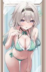 1girl :o bare_arms bare_shoulders bikini black_hairband blush bow bow_choker breasts changing_room choker cleavage collarbone commentary_request cowboy_shot crossed_bangs curtains dot_nose firefly_(honkai:_star_rail) frilled_bikini_top frills gradient_hair green_bikini green_bow green_hair green_pupils grey_hair groin hair_between_eyes hair_intakes hairband halterneck hand_on_own_thigh hand_up highres honkai:_star_rail honkai_(series) indoors kunizaki large_breasts leaning_forward long_hair looking_at_mirror looking_at_viewer mirror multicolored_eyes multicolored_hair navel parted_lips purple_eyes reflection side-tie_bikini_bottom sidelocks solo standing stomach swimsuit thigh_gap thighs two-tone_eyes two-tone_hair