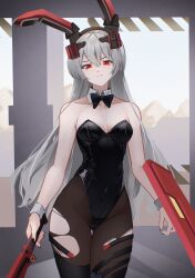 1girl animal_ears black_leotard breasts covered_navel danraz0r fake_animal_ears girls&#039;_frontline girls&#039;_frontline_2:_exilium grey_hair highres krolik_(girls&#039;_frontline_2) leotard mechanical_ears pantyhose playboy_bunny rabbit_ears small_breasts solo tactical_playboy_bunny torn_clothes torn_pantyhose