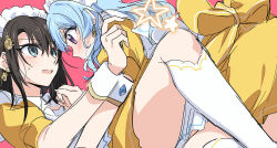 2girls bang_dream! blonde_hair blue_eyes blush brown_hair dress earrings highres jewelry kneehighs long_hair maid maid_headdress matsubara_kanon multiple_girls okusawa_misaki open_mouth opi pink_background purple_eyes simple_background socks star_(symbol) sweatdrop white_headdress white_socks wrist_cuffs yellow_dress yuri