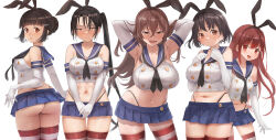 5girls alternate_hair_color ashigara_(kancolle) ass black_hair black_hairband black_neckerchief black_panties blue_sailor_collar blue_skirt blush breasts brown_eyes brown_hair cosplay crop_top elbow_gloves embarrassed gloves haguro_(kancolle) hair_between_eyes hair_bun hair_ornament hairband hairclip highleg highleg_panties highres horizontal-striped_thighhighs kamikaze_(kancolle) kantai_collection large_breasts long_hair looking_back microskirt multiple_girls myoukou_(kancolle) nachi_(kancolle) navel neckerchief open_mouth panties pleated_skirt ponytail red_eyes red_hair sailor_collar shimakaze_(kancolle) shimakaze_(kancolle)_(cosplay) short_hair side_ponytail single_hair_bun skirt smile standing striped_clothes striped_thighhighs thighhighs thong toka_(marchlizard) underwear very_long_hair wavy_hair white_gloves