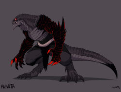 1boy absurdres alternate_form ananta_(wail_of_a_dragon&#039;s_rage) black_scales character_name claws digitigrade dragon_boy dragon_claw dragon_tail full_body gegegekman glowing glowing_eyes grey_background grey_scales highres lizardman monster_boy open_mouth pelvic_curtain red_eyes reptile_boy sharp_teeth signature spikes tail teeth topless_male tusks wail_of_a_dragon&#039;s_rage