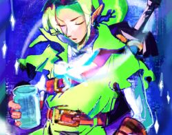 Rule 34 | 1boy, belt, belt buckle, bottle, brown belt, brown gloves, buckle, chest belt, closed eyes, collared shirt, commentary, cowboy shot, ear piercing, earrings, english commentary, fairy, gloves, green tunic, jewelry, link, long pointy ears, long sleeves, male focus, master sword, nintendo, parted lips, piercing, pointy ears, poiv, shirt, solo, sparkle, sword, sword on back, the legend of zelda, the legend of zelda: ocarina of time, tunic, weapon, weapon on back, white shirt