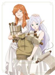 2girls artist_request book collarbone copyright_name dress elf flamme_(sousou_no_frieren) frieren green_eyes grey_hair hand_on_another&#039;s_head highres holding holding_book holding_scroll jewelry long_hair multiple_girls official_art open_mouth orange_hair parted_bangs pointy_ears scroll simple_background sleeveless sleeveless_dress sousou_no_frieren teeth thick_eyebrows upper_teeth_only very_long_hair white_background white_dress